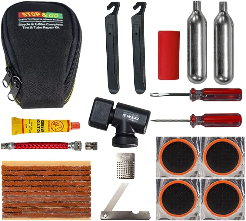 bicycle tire repair shops near me Stop & Go 100 27 Piece Bicycle Repair & Inflation Kit for Tubeless and Tube-Type Tires Works on BMX, XC, Mountain, Road, Gravel, & E-Bikes (4 Patches