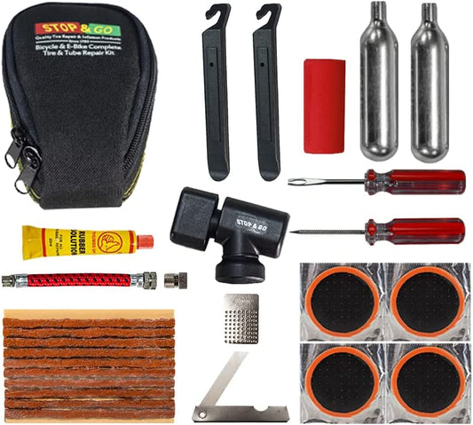 Stop & Go 100 27 Piece Bicycle Repair & Inflation Kit for Tubeless and Tube-Type Tires Works on BMX, XC, Mountain, Road, Gravel, & E-Bikes (4 Patches & 10 Rope Plugs)
