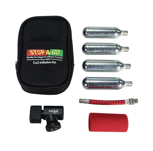 Stop & Go 1090A- 7 Piece Tire Inflation Kit with 4 CO2 Canisters, Hose, Sleeve, and Storage Bag for Flats on Motorcycles, ATVs, Lawn Mowers, Golf Carts, and Utility Trailers