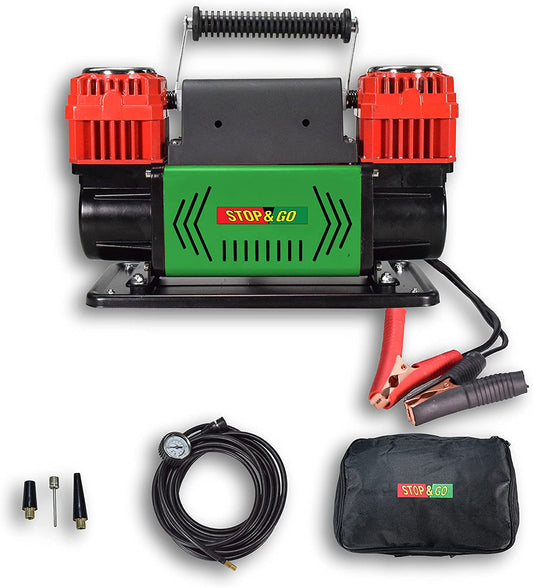 Stop & Go 2100 Portable 1.5 HP 12 Volt Dual Piston Air Compressor with 26ft Hose, Alligator Clips, Adapter Nozzles, and Carrying Bag for Cars, Motorcycles, ATVs, UTVs, Jeeps, Trucks, and Tractors